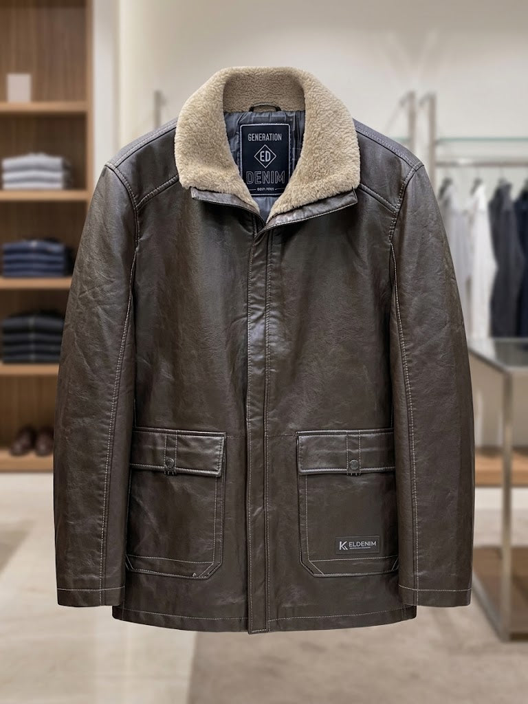 Men's Classic Brown Leather Jacket with Fur Collar
