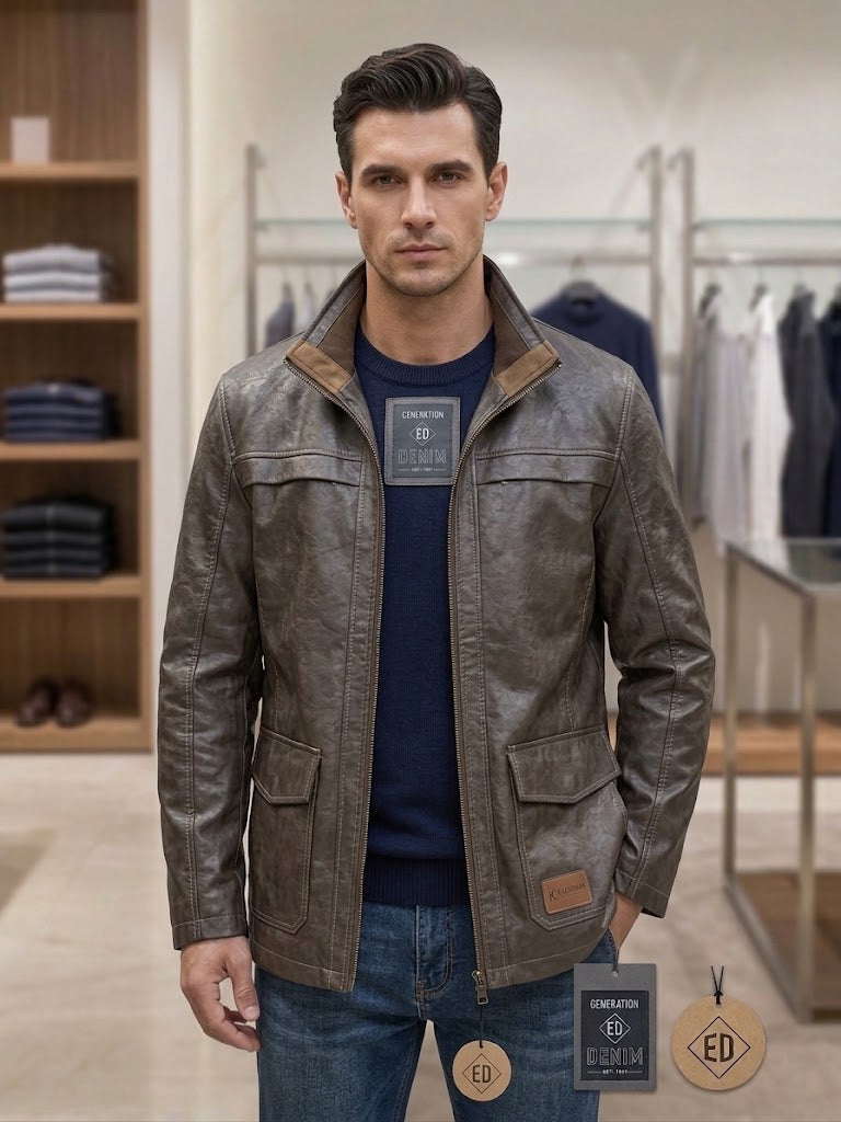 Men's Classic Brown Leather Jacket with Fur Collar