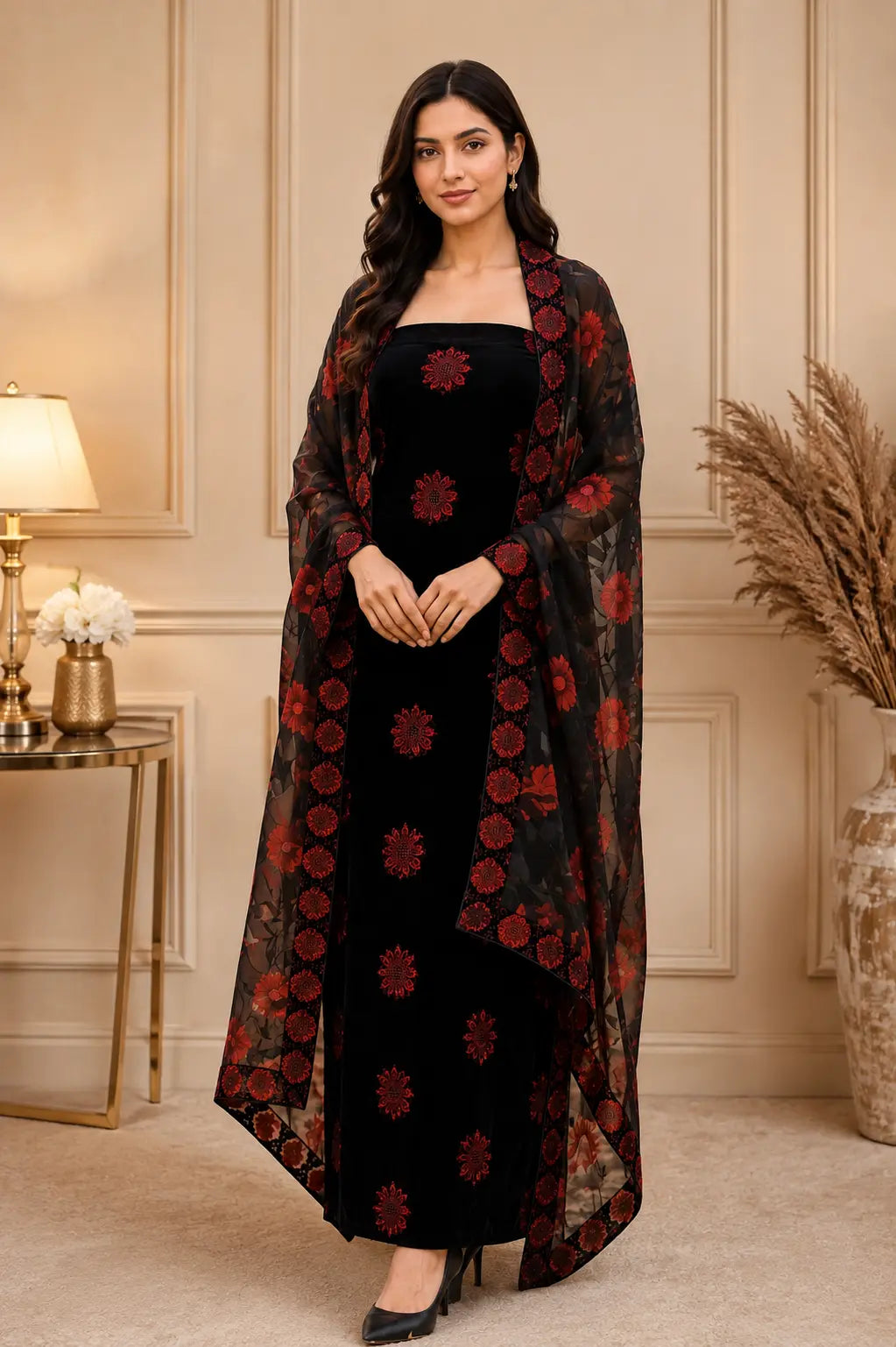 EMB VALVET WITH BAROSHA DUPATTA