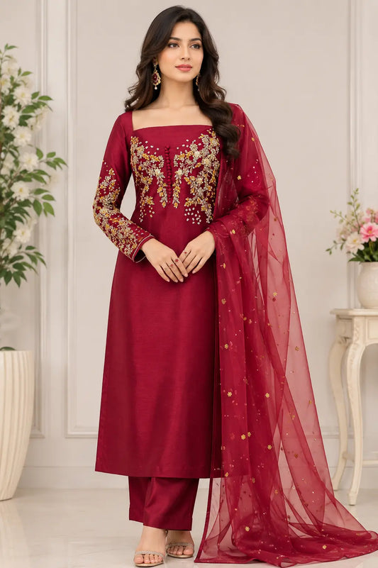 Hand Work Raw Silk Organza Dupatta